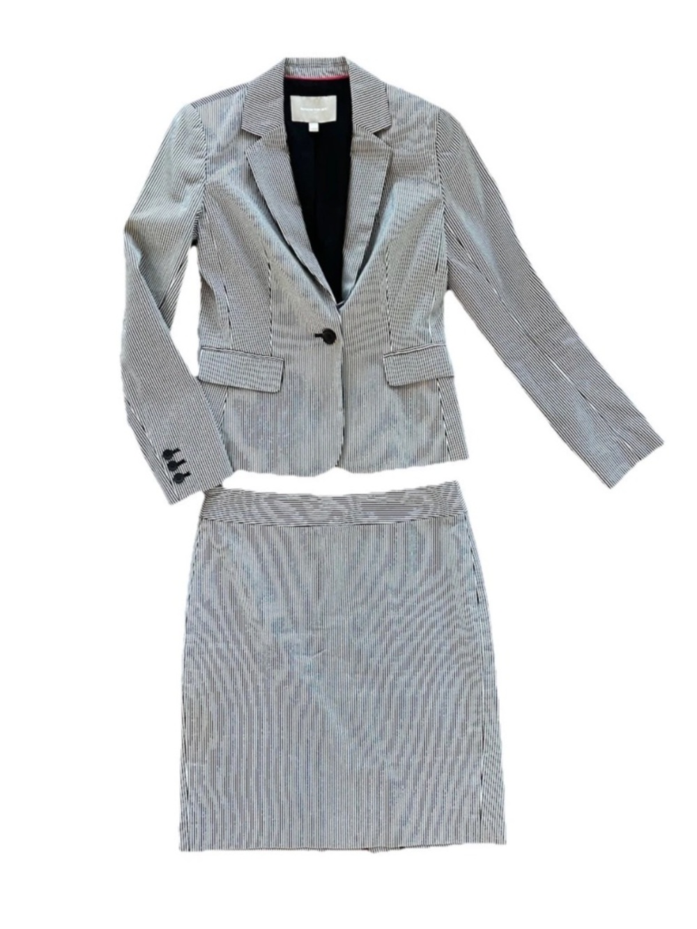 Banana Republic Suit Skirt Blazer Set Seersucker Stripe 4 Small Black White
